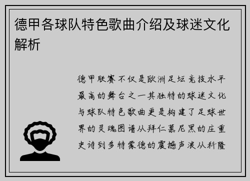 德甲各球队特色歌曲介绍及球迷文化解析
