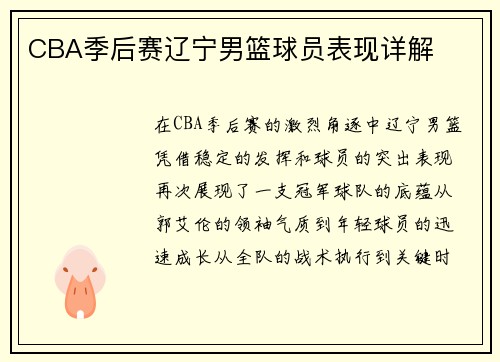 CBA季后赛辽宁男篮球员表现详解